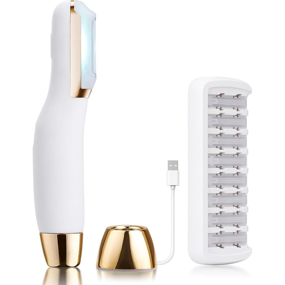 Skinharbor Sonic Dermaplane Razor in white and gold front view showcasing the facial hair removal device