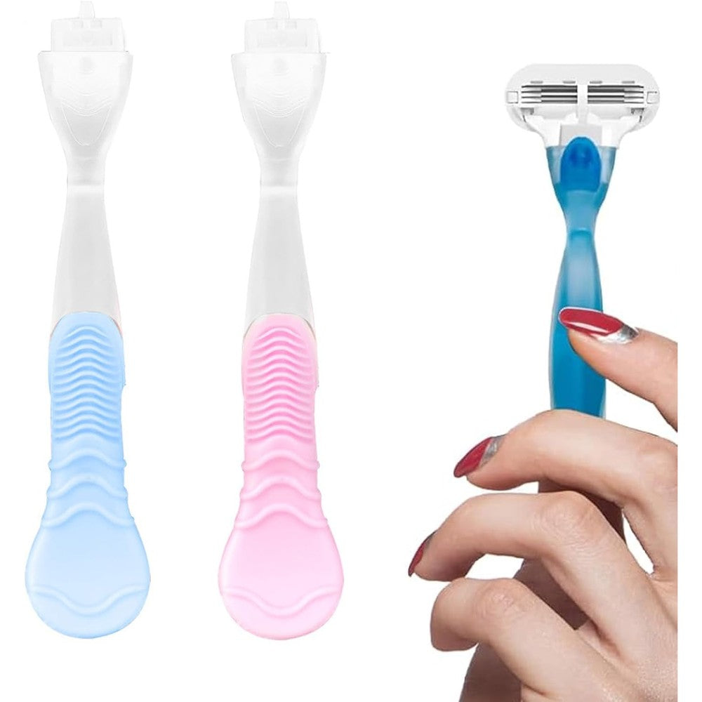 Gillette Venus compatible replacement shaver handle front view showing blue and pink textured grips.