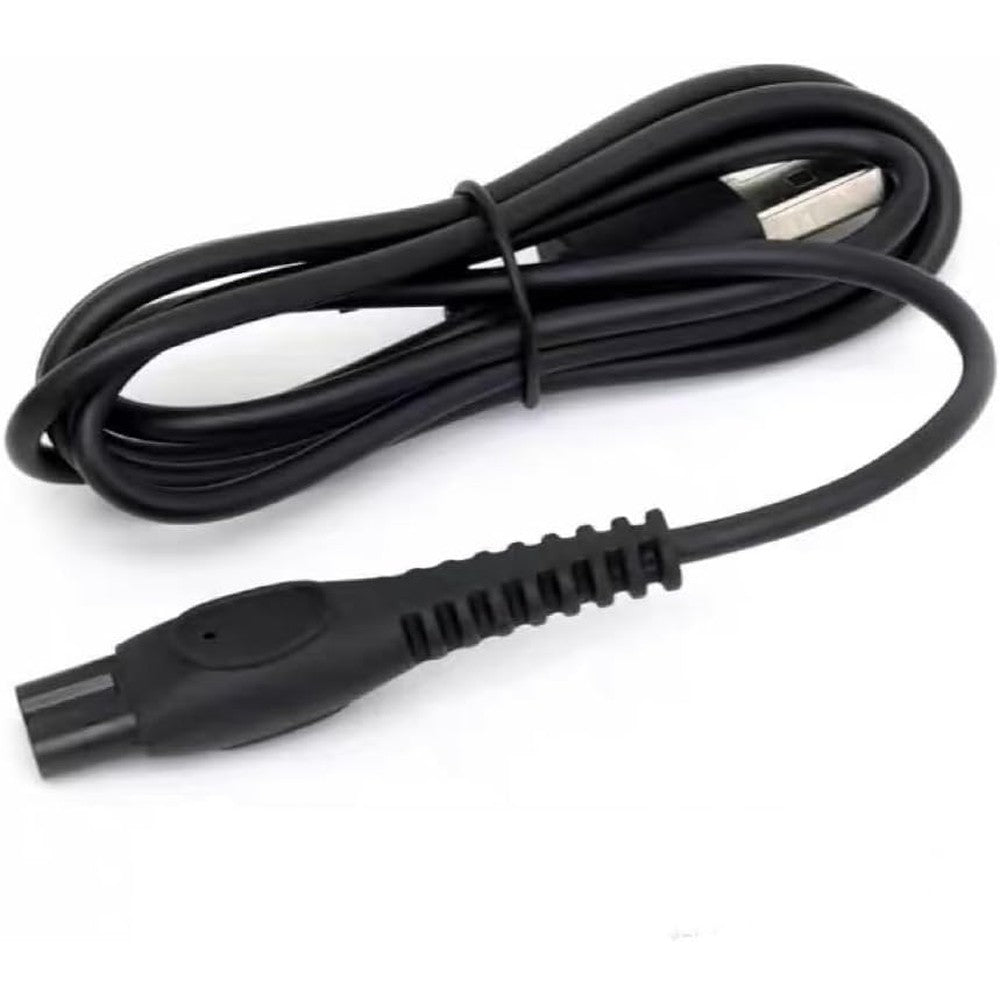 Oulice replacement shaver charge cord for Philips Lady Shaver Series 6000 front view showing the 2-pin connector and USB plug