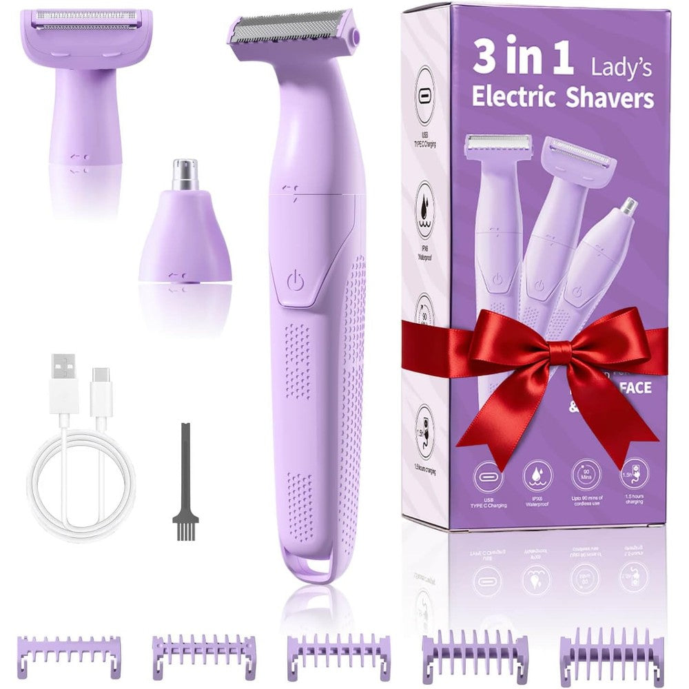 Unimiko 3 in 1 painless bikini trimmer violet front view showing the sleek ergonomic body and attachment