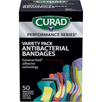 Curad Performance Series Ironman Antibacterial Bandages front view box showcasing extreme hold adhesive technology for athletes
