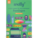 Welly Bandage Family Pack front view of the premium packaging showing eighty assorted flexible fabric bandages.