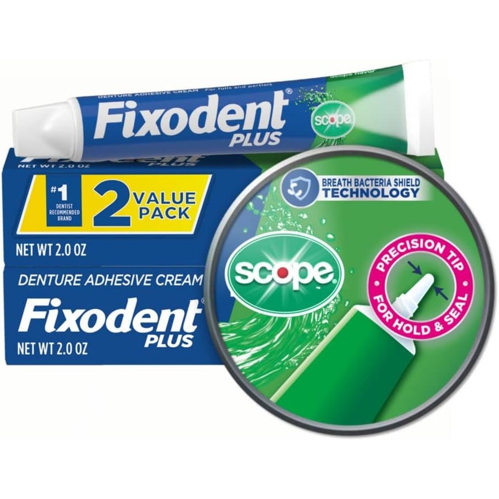 Fixodent Denture Adhesive Cream Plus Scope, 2 Ounce, Pack of 2 (Packaging May Vary)