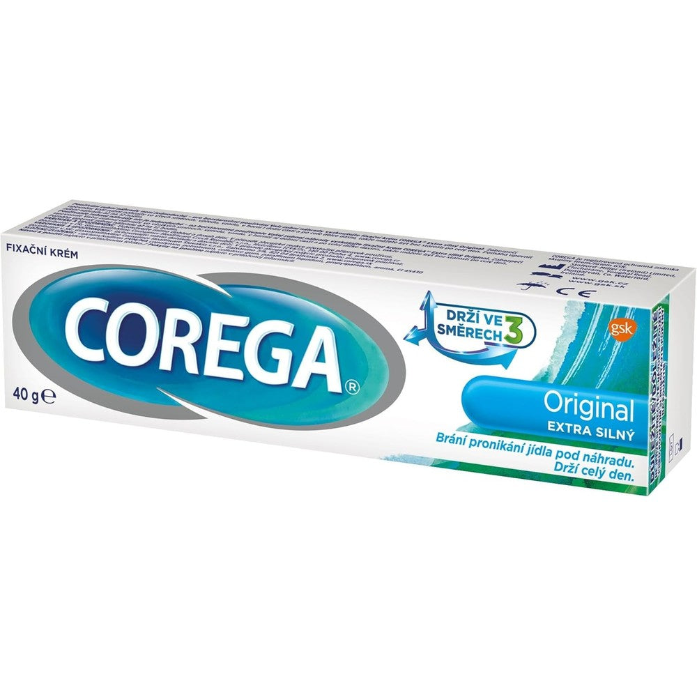 Corega Extra Strong Denture Adhesive Cream 40g front view for secure hold