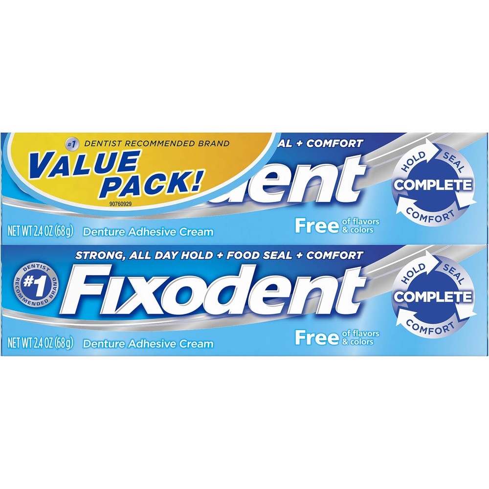 Fixodent Complete Free Denture Adhesive Cream Twin Pack front view premium imported packaging