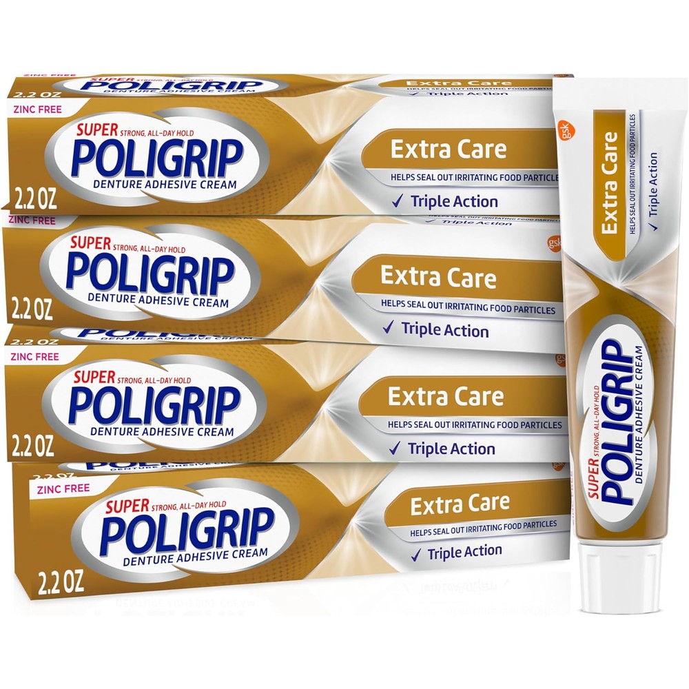 Super Poligrip Extra Care Denture Adhesive Cream front view of white and orange packaging box