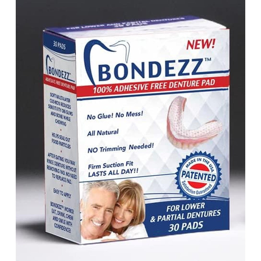 Bondezz Adhesive Free Denture Pads 30 pack box front view for lower dentures.