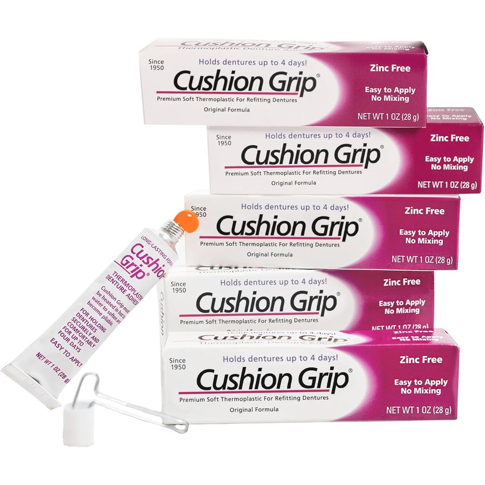 Cushion Grip Thermoplastic Denture Adhesive 1 Ounce tube front view for secure hold.