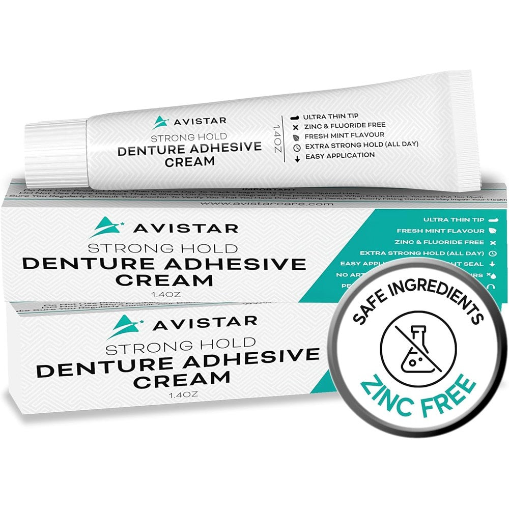 Avistar Extra Strong Denture Adhesive Cream front view showing two pack packaging