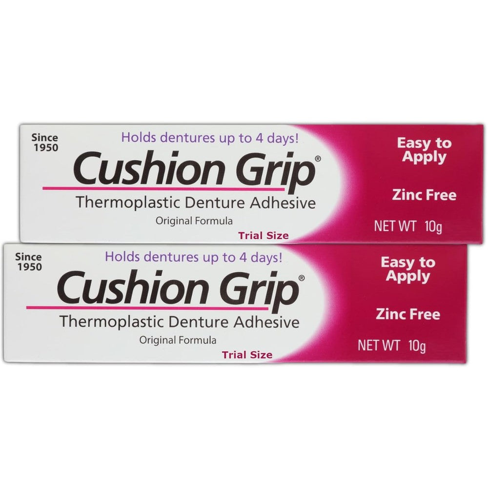 Cushion Grip Thermoplastic Denture Adhesive 0.35 Ounce Pack of 2 front view showing travel size tubes.