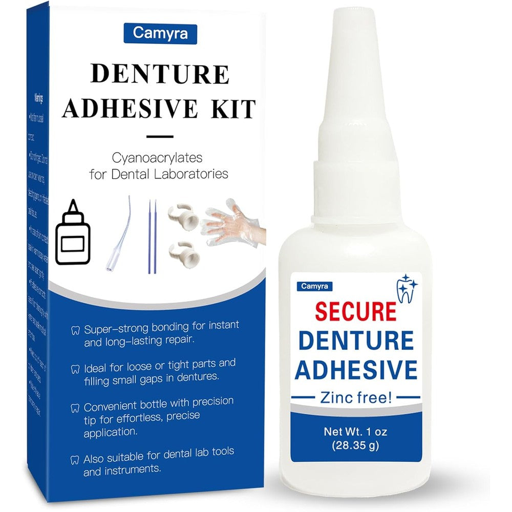 Camyra Dental Lab Instant Bonding Glue 1 ounce bottle front view for denture repair