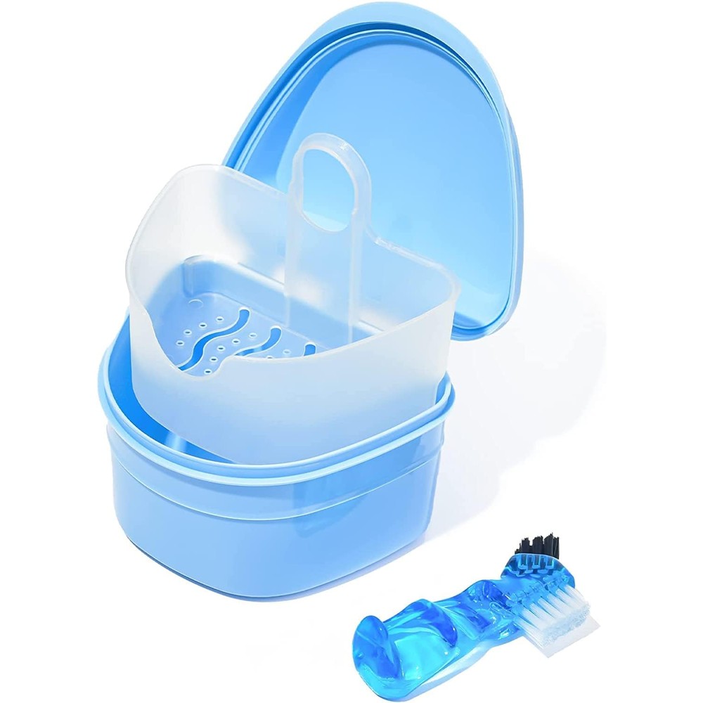 Y-Kelin Denture Retainer Cleaner Kit front view with blue soaking case and brush.
