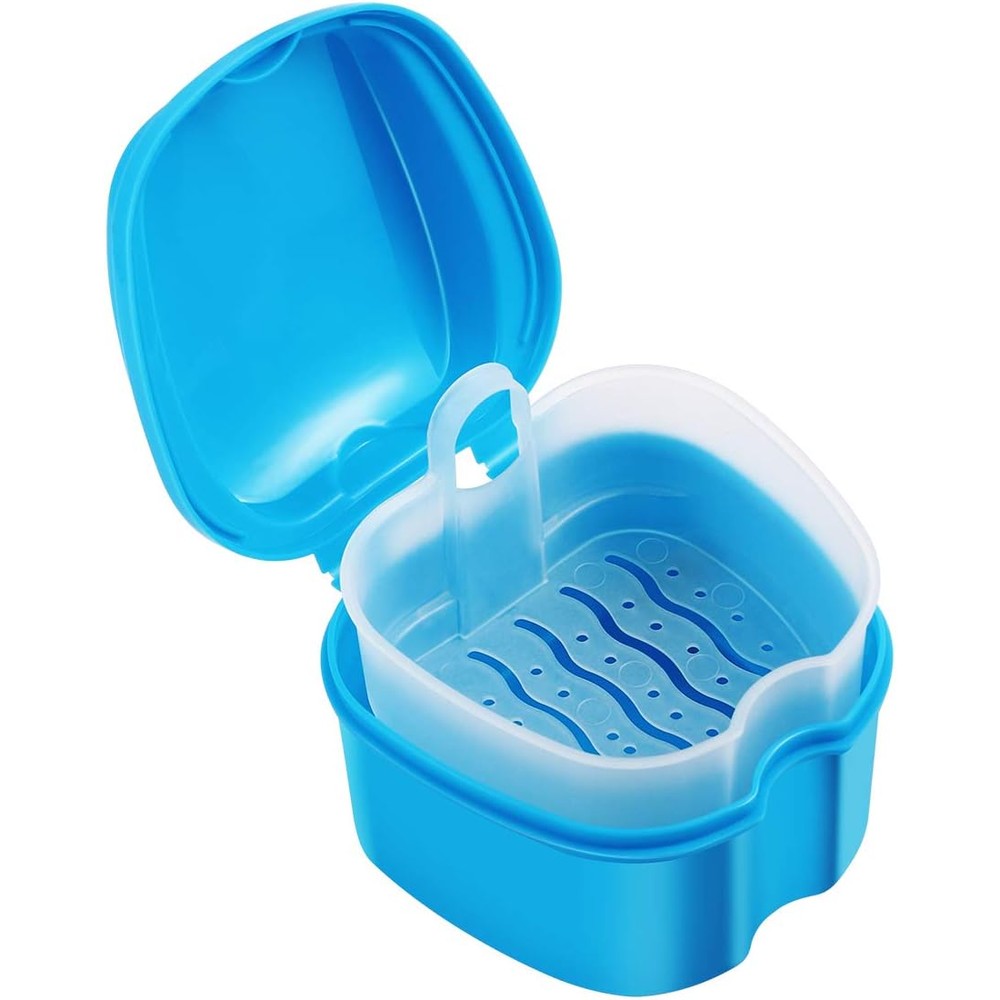 rosenice Denture Case Denture Bath Box Case Dental Orthodontic Retainer False Teeth Storage Box with Strainer cups for soaking s (Blue)