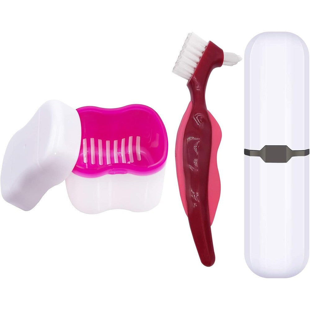 Denture Case,Denture Cups Bath, Toothbrush with hard denture, Dentures Container with Basket Denture Holder for Travel,Mouth Guard Night Gum Retainer Container (Pink)