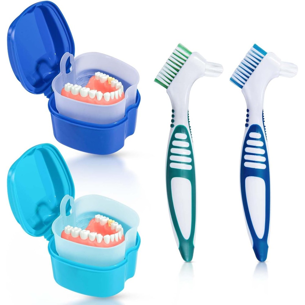 Kiseer 2 pack denture bath case and cleaning brush set front view
