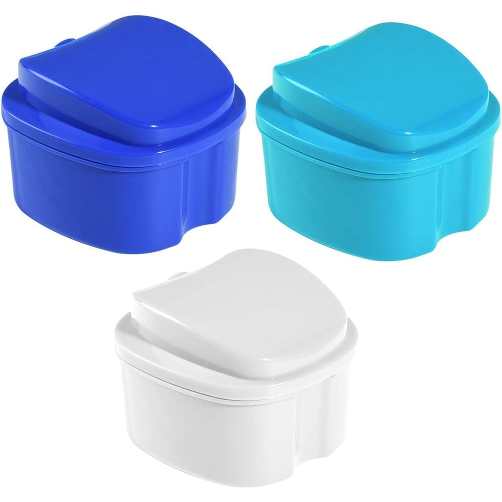 3 Pack Colors Denture Bath Case Cup Box Holder Storage Soak Container with Strainer Basket for Travel Cleaning (White, Blue, Light Blue)