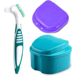 PISSION Denture Bath Case Cup with strainer and cleaning brush front view.