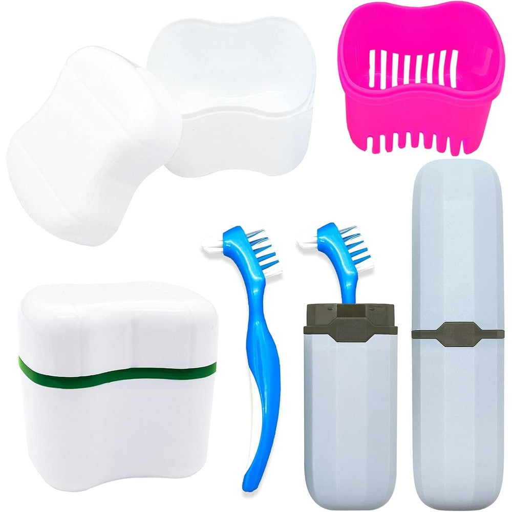 Denture Case Kit with 2 Bath Cups, 2 Brushes & 2 Portable Toothbrush Boxes, Retainer Cleaning Boxes with Lid