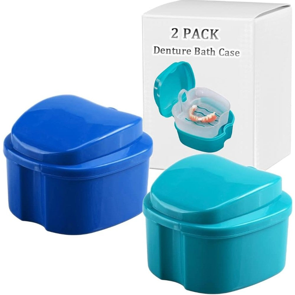 THINKPRICE Denture Bath Box Cup front view of navy blue container for dental care