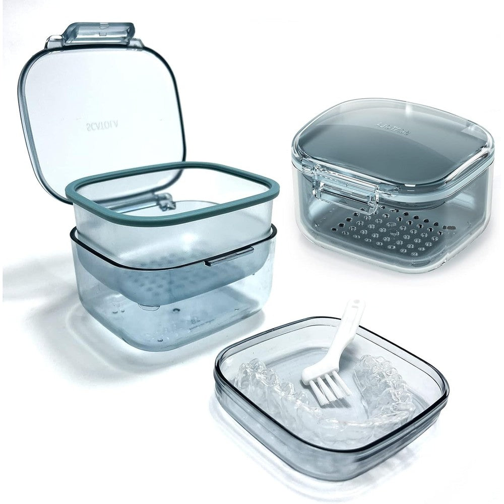 Denture Bath Box , Denture Case,Retainer cup,Three-Layer Separation Retainer Case, Denture Cup , Mouth Guards Holder,Partial Denture Soak Container,Retainer Holder Box Size :3.15*2.08*3.35in(blue)