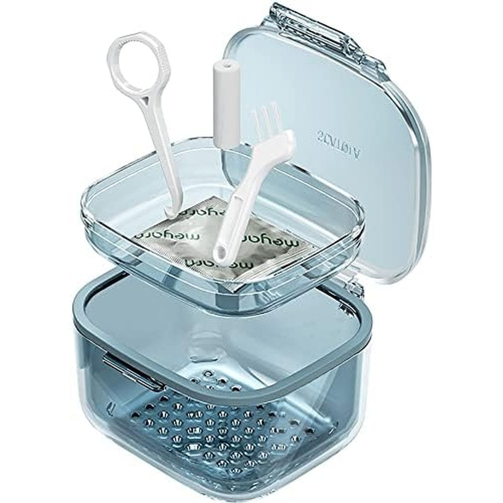 Retainer Case, Retainer Cleaner Case, Unique Denture Bath with Drain Tray, Suitable for Dentures, Denture Bridges, Partial Dentures, Traditional Braces, Etc. (Blue)