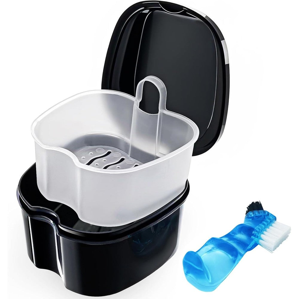Keedolla black denture soaking container front view with lid closed