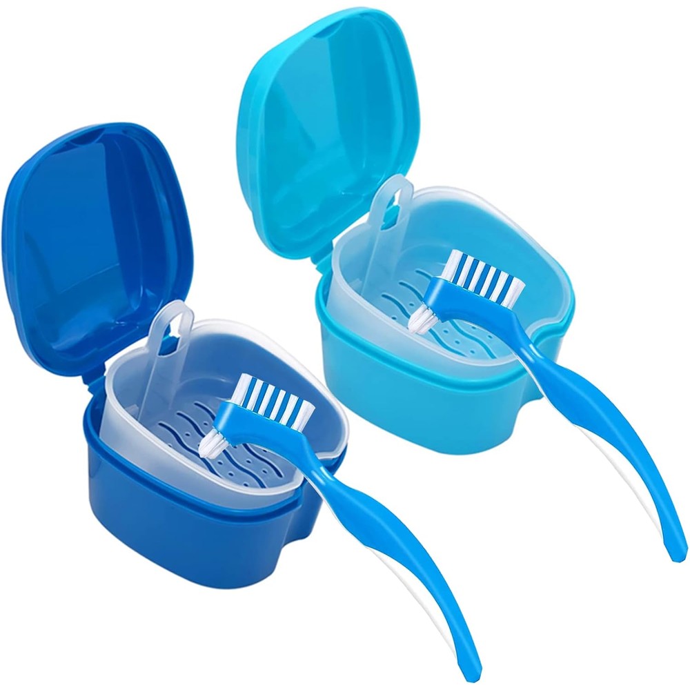 Denture Cleaner Box and Brush Set - 2 Pack Denture Bath Case with Basket + 2 Pack Denture Brushes, Portable Denture Retainer Storage Box, False Teeth Brushes for Oral Care
