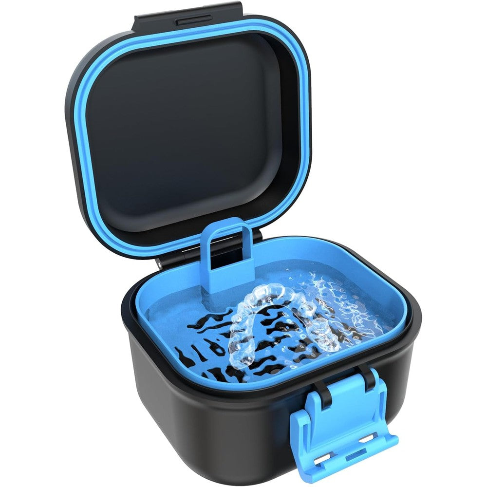 BVN Leak-Proof Denture Case, Denture Cup for Soaking Dentures, Retainer Cleaning Case Black and Bule Dent