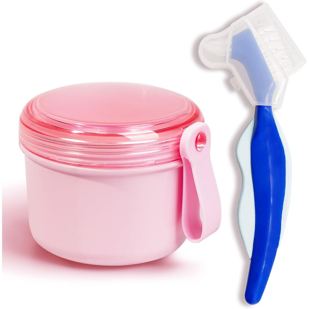 Denture Case with Denture Brush, Waterproof Denture Bath with Portable Denture Brush Holder,Partial Denture Case with Basket denture cups for soaking dentures (pink)