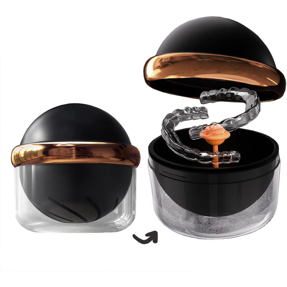 AARAINBOW Large Denture Case with Strainer Basket, Clear Retainer Cleaner and Storage Box for Travel, Mouth Guard Cleaning Case, Braces Holder Cup (Black)