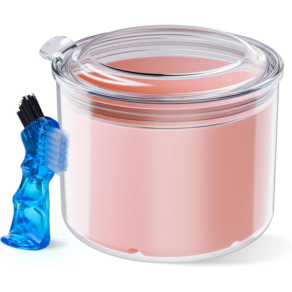 Hemilab pink denture bath cup with cleaning brush front view