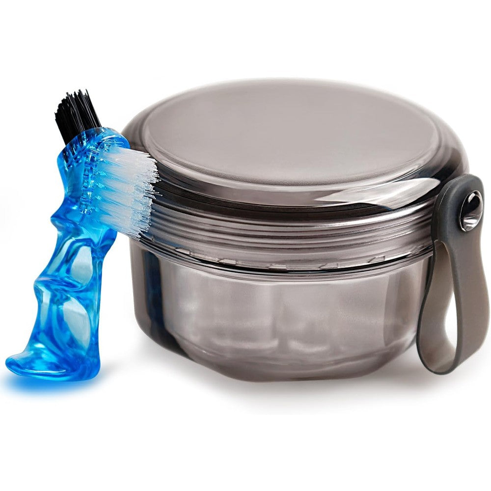 Mckkor leakproof denture case front view with cleaning brush.