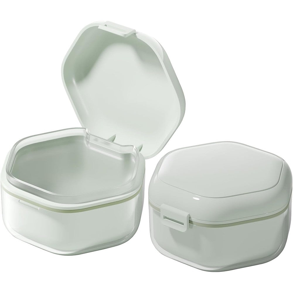 Denture Bath Case Retainer Cleaner Case, Food-Grade Denture Cup with Removable Layers for Soaking Dentures Mouth Guard Case Retainer Holder Night Guard Storage Case False Teeth Container Light Green