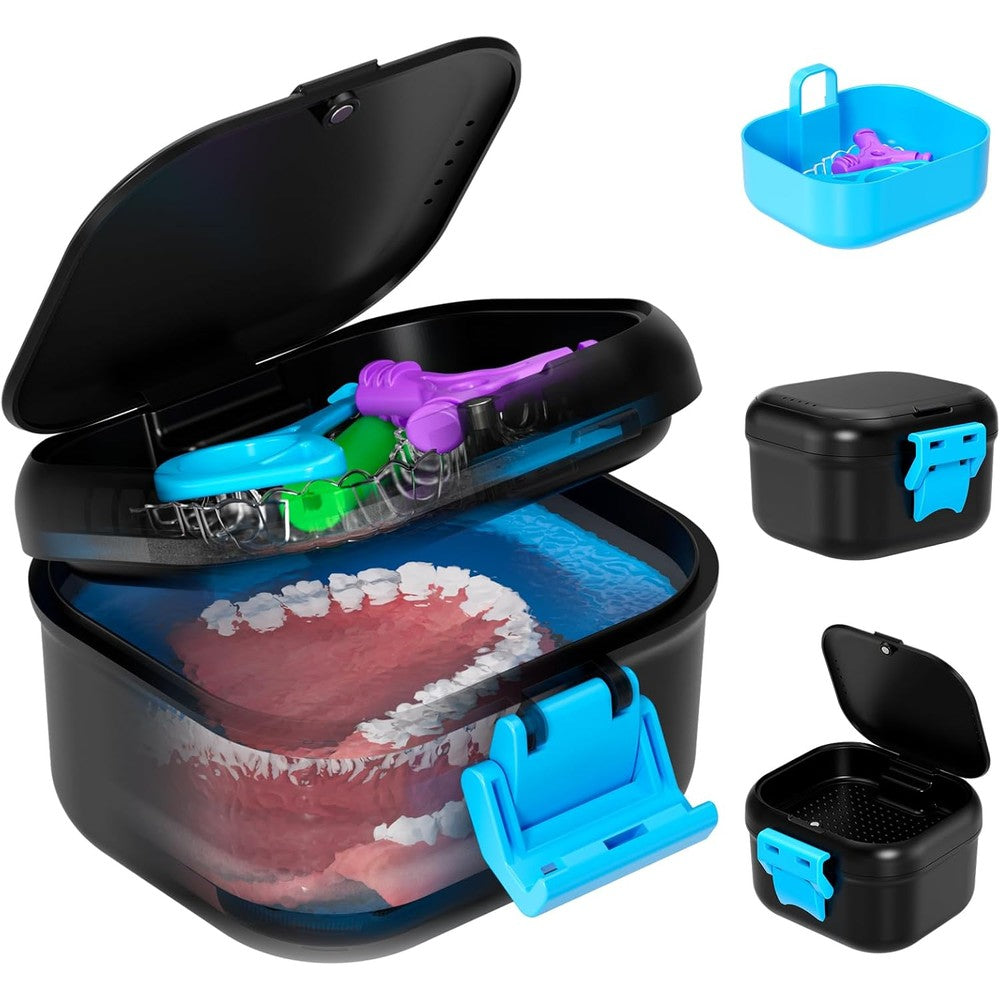 Leak Proof Denture Cup, Travel Denture Case for Soaking Dentures & Retainer, Retainer Cleaner Case, Upgraded Double-Layer False Teeth Container with Strainer, Black+Blue.