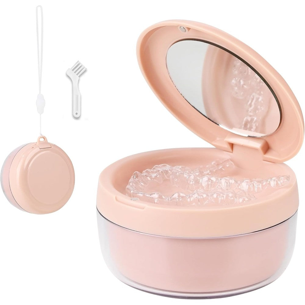 HEMILAB 2-in-1 retainer cleaner case pink front view showing compact portable design