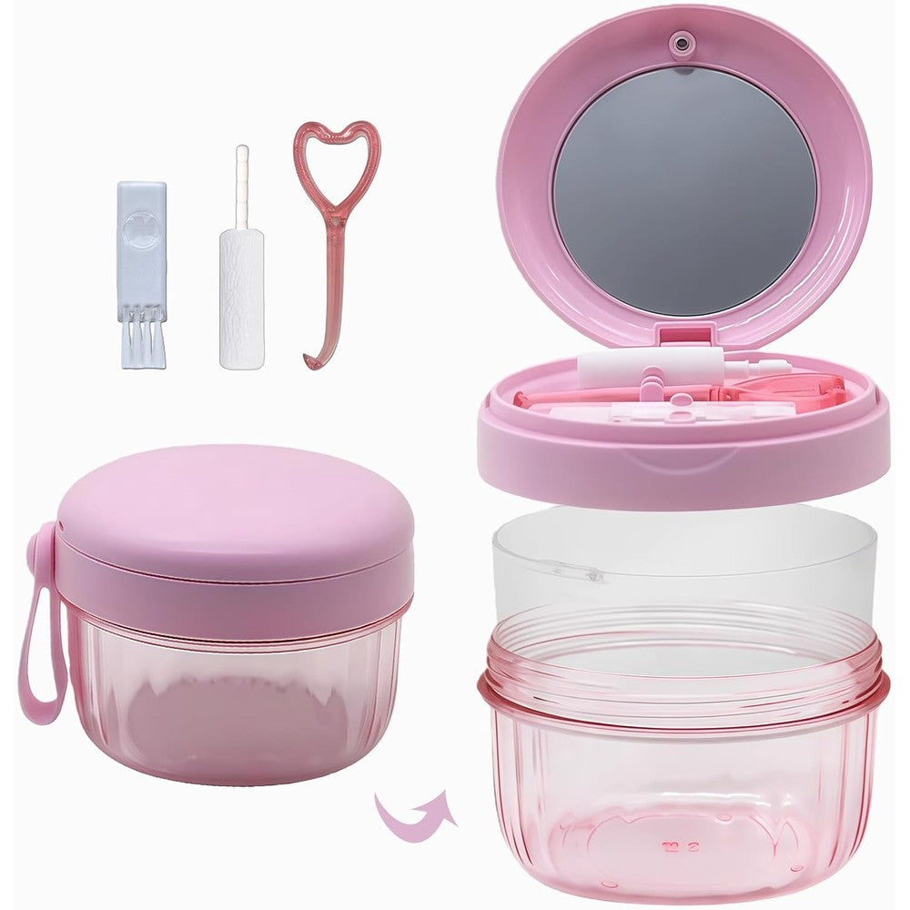 PUINVI leak proof denture case front view showing portable travel design with silicone handle