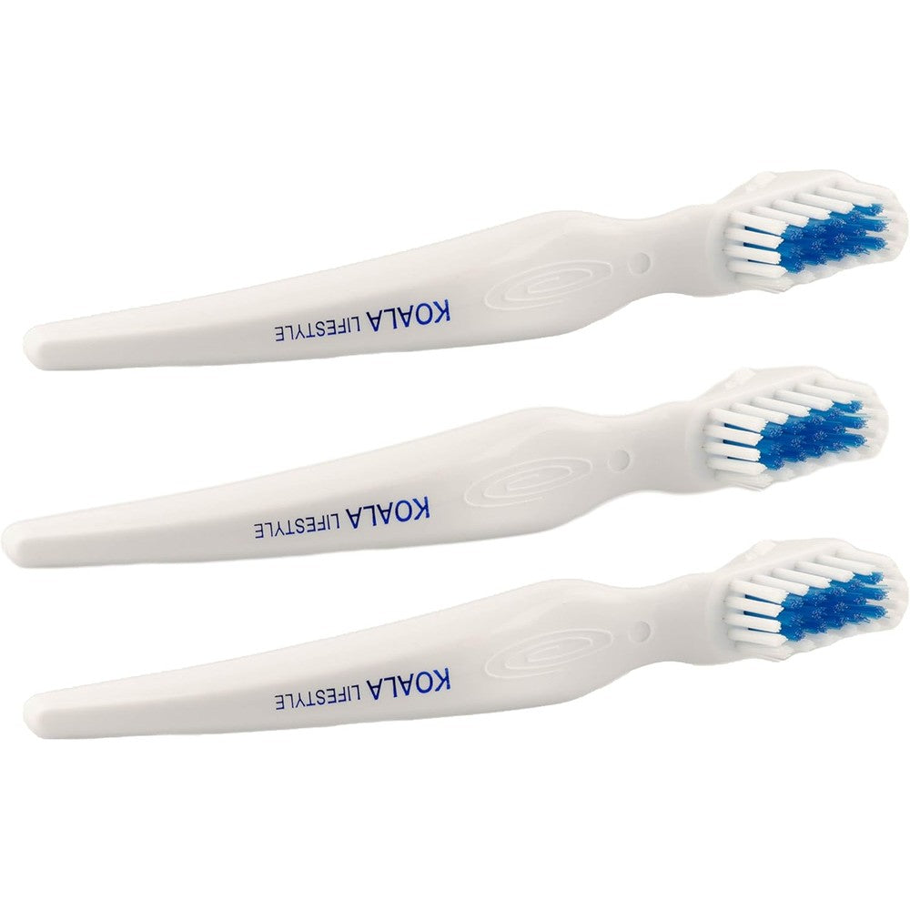 Koala Lifestyle denture cleaner brushes three piece set front view showing blue and white bristles.