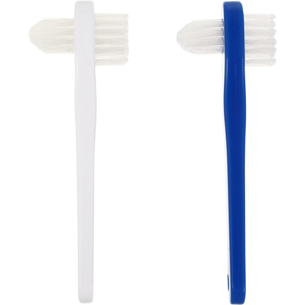 Supvox Double Sided Denture Brush front view showing white and blue T-shaped cleaning tools for oral care appliances