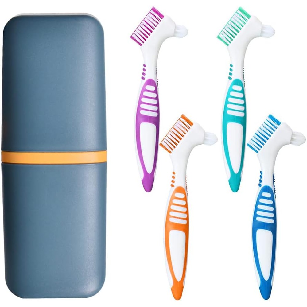 4Pcs Denture Brushes with Carrying Case, Hard Double Sided Denture Cleaning Brush Heads for False Teeth Cleaning