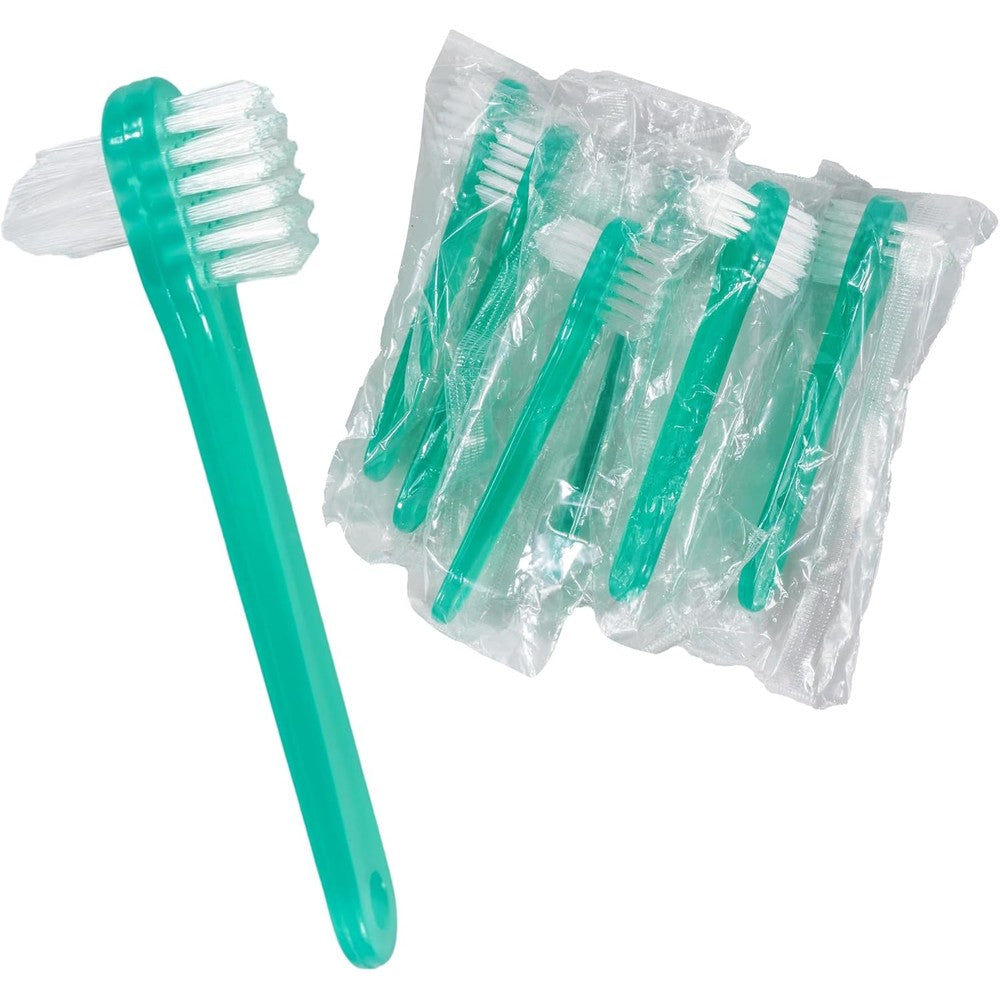 Vakly Denture Brush [Pack of 10] Individually Bagged 4.25 inch Denture Brushes with Hard Firm Flat Bristled Heads for Cleaning Dentures, Retainers, False Teeth, Clear Braces, and Mouth Guards