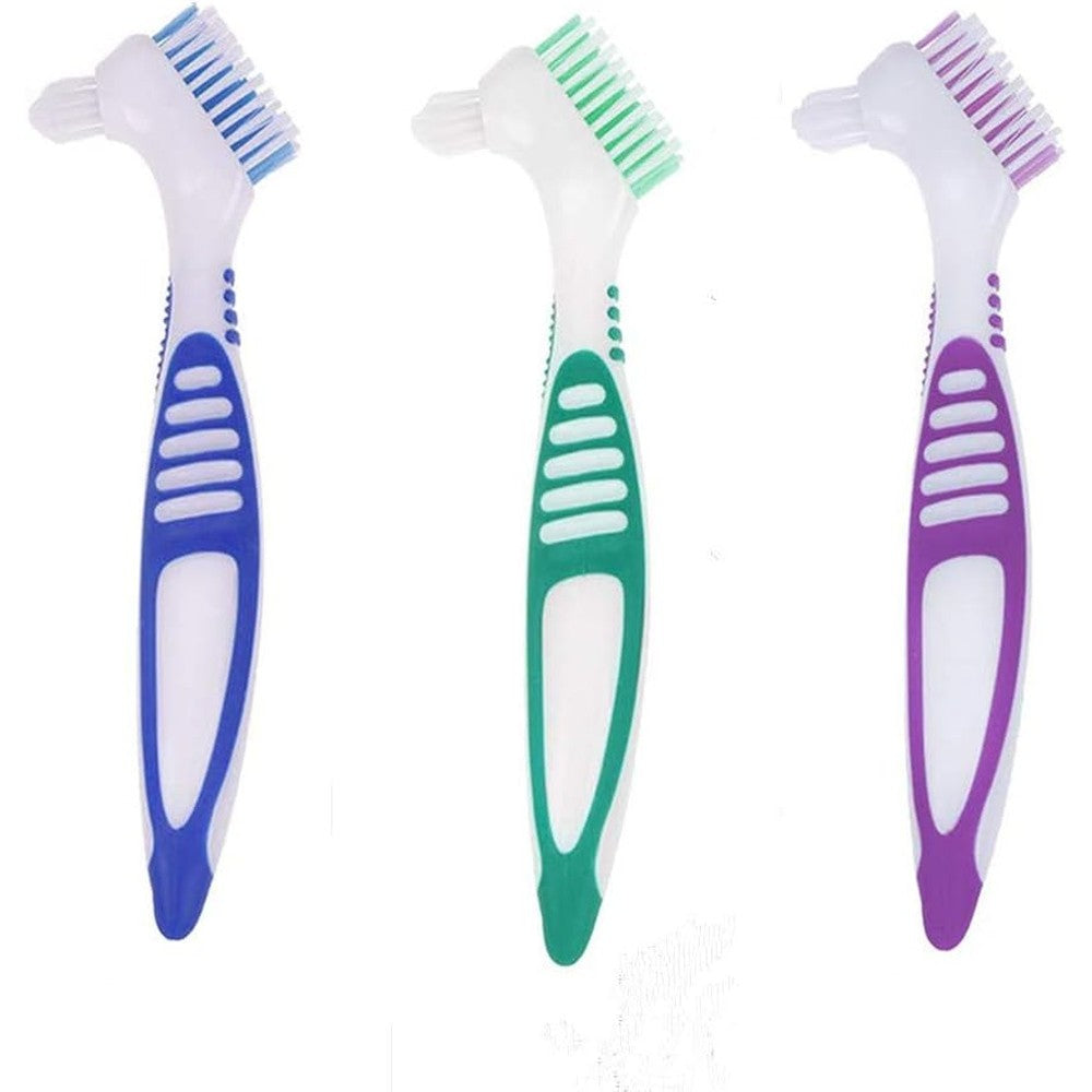 QiangXINGYai 3 pieces denture cleaning brush front view showcasing the dual-angled blue green and purple handles.