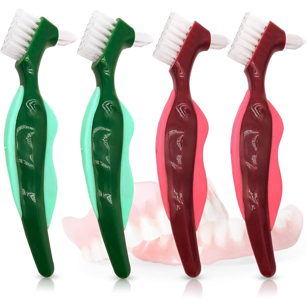 Premium Hard Denture Brush Toothbrush for False Teeth, Multi-Layered Bristles & Portable Denture Double Sided Brush, Denture Care (Pack of 4)