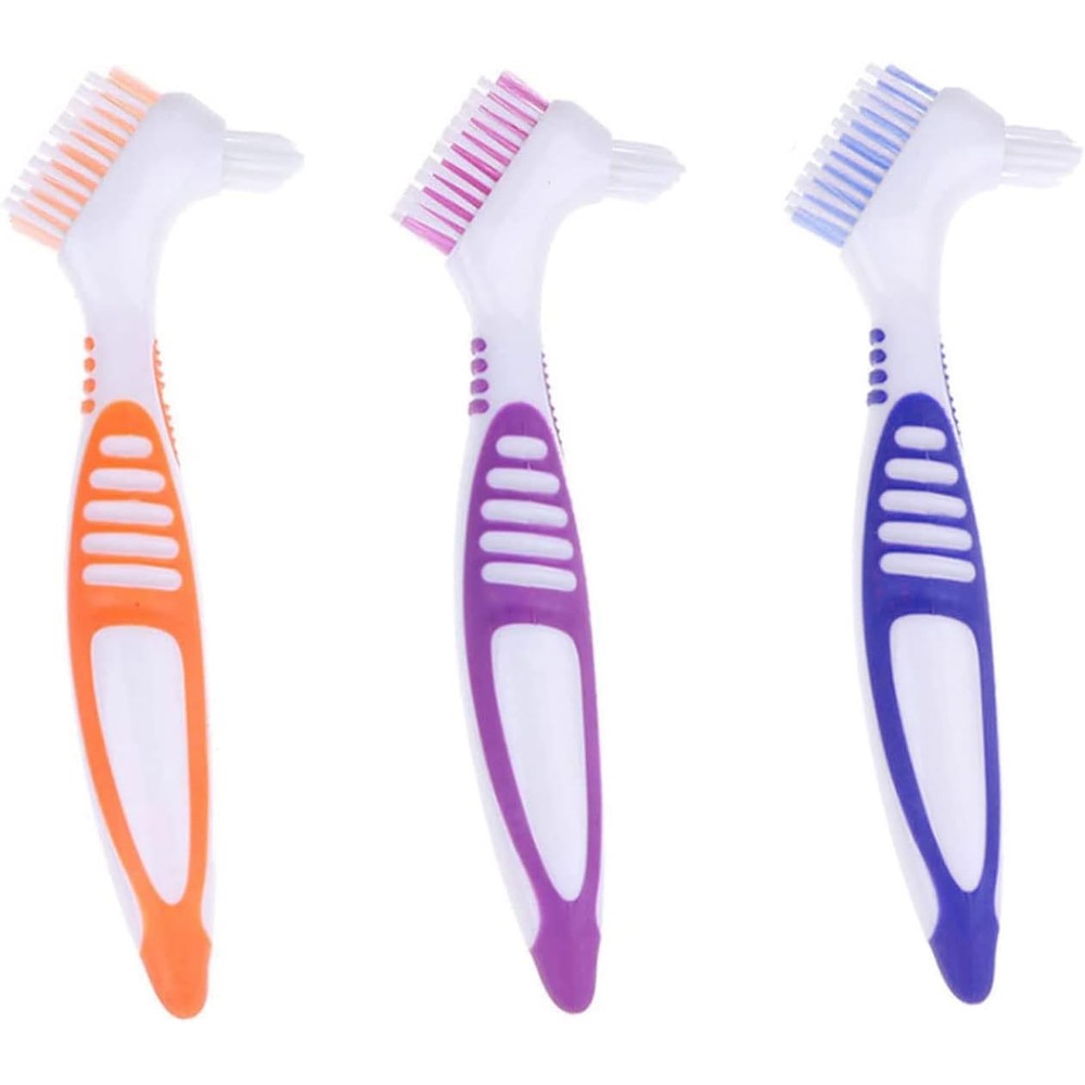 FRUTA 3 Pcs Denture Cleaning Brushes False Teeth Cleaning Brush Denture Double Sided Brush Multi-Layered Bristles Brush Portable Brush for False Teeth, 3 Colors