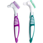 Mckkor Premium Hygiene Denture Cleaning Brush Set front view showing the purple and green double sided toothbrushes.