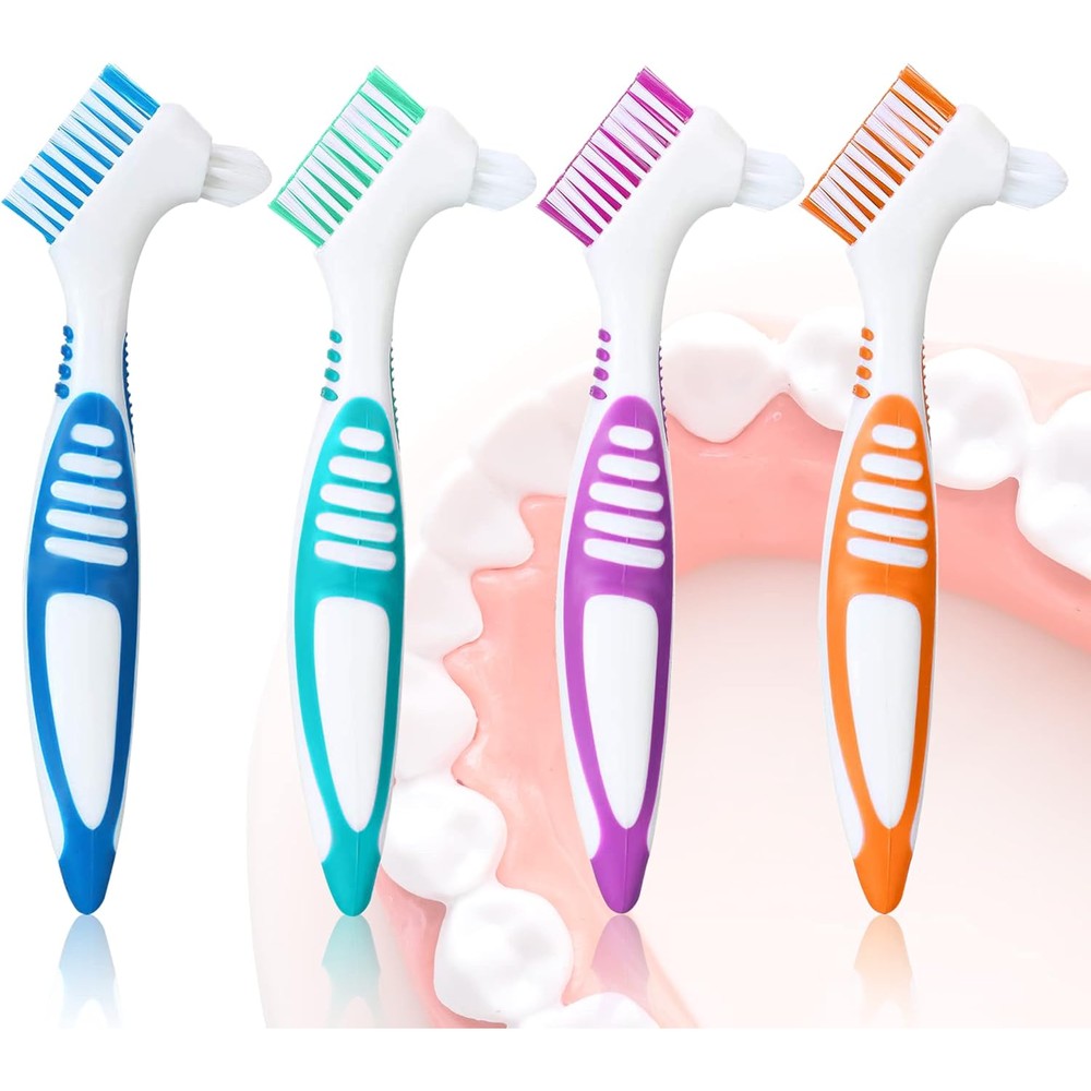 Bvcewilty double sided denture brush 4 pack front view displaying green purple blue and orange handles for oral care