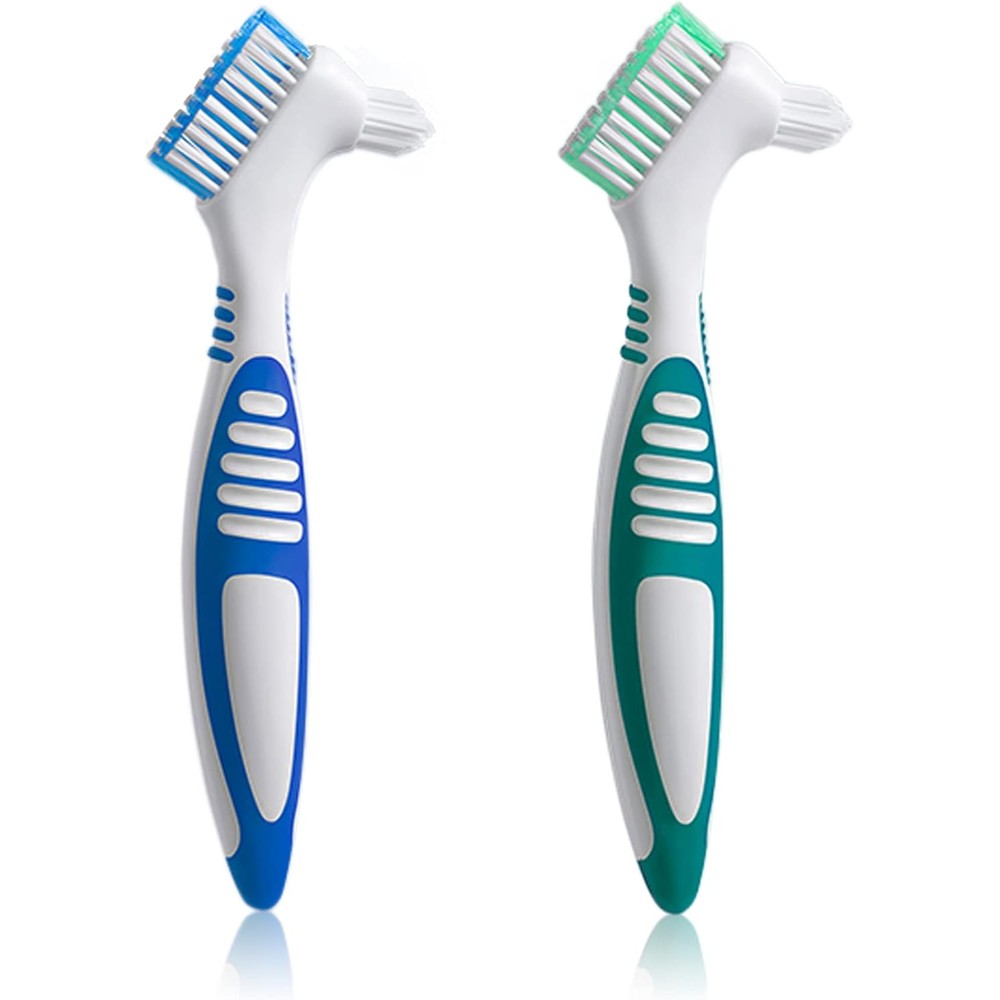 Denture Brush 2Pcs Denture Toothbrushes，Denture Cleaning Care Cleaning Brush ，Double Sided Toothbrush，Multi-Layered Bristles and Rubber Anti-Slip Handle (Blue and Green)