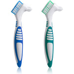 Octuitey double sided denture brush front view showing blue and green variants on a clean background.