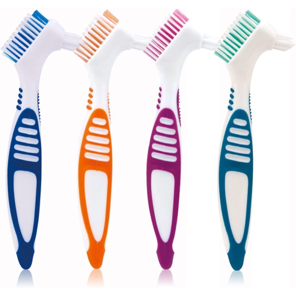 Ceonam denture brush four pack front view showing orange and blue dual headed cleaning tools for false teeth maintenance.