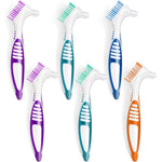 TaShow 6 Piece Denture Brush Set showing six multi colored double sided toothbrushes arranged in front view for oral hygiene care.