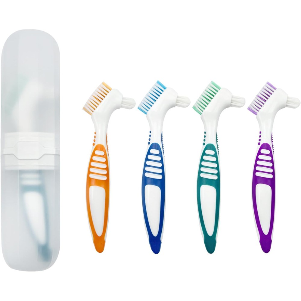 4 Pcs Denture Brush with Portable Case, Denture Brush Dual Head Hygiene Cleaner Rubber Handle Reusable Touch Soft Toothbrush Cleaning Brushes for False Teeth Cleaning with Carrying Case